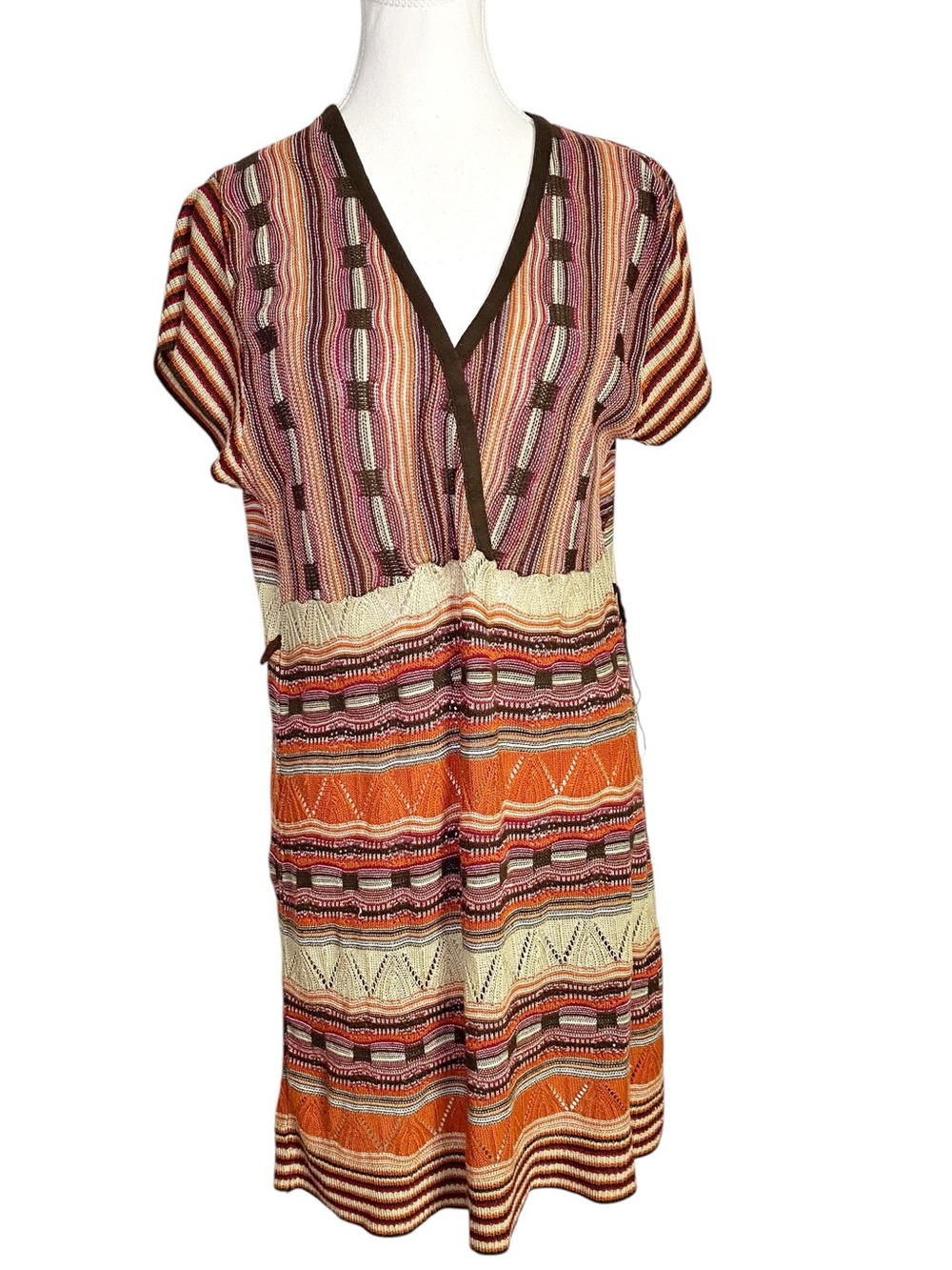 Gabriel New York 1X Retro 70s Boho Knit Geometric Striped Sweater Dress